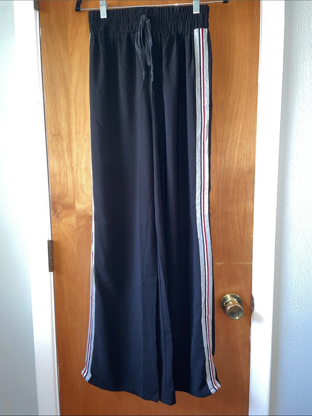 Wide Leg Black Track Pants with Side Stripe